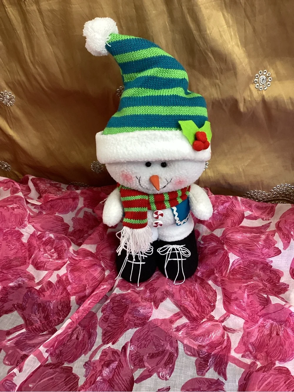 Plush Holiday Snowman with Green Striped Hat and Red-Green Scarf